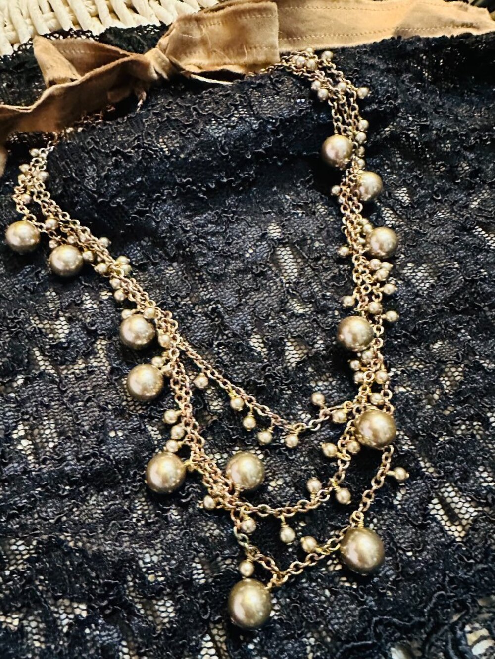 ✨ DOM Multi-Strand Bronze Pearl Statement Necklace – Vintage-Maximalist Glam ✨